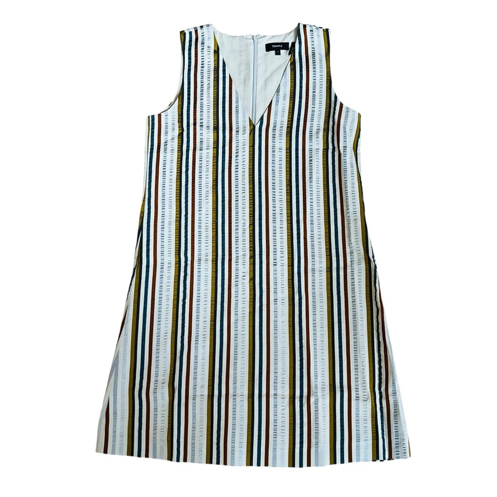 Theory Women’s Sz 2 V-Neck Stripe Sleeveless Linen Blend Dress Shift Lightweight - Picture 1 of 15